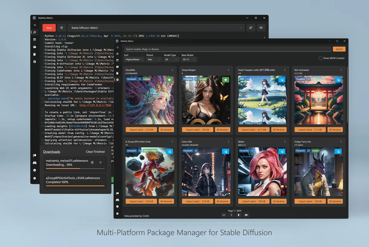 AI image generator desktop package manager window for local Stable Diffusion packages.