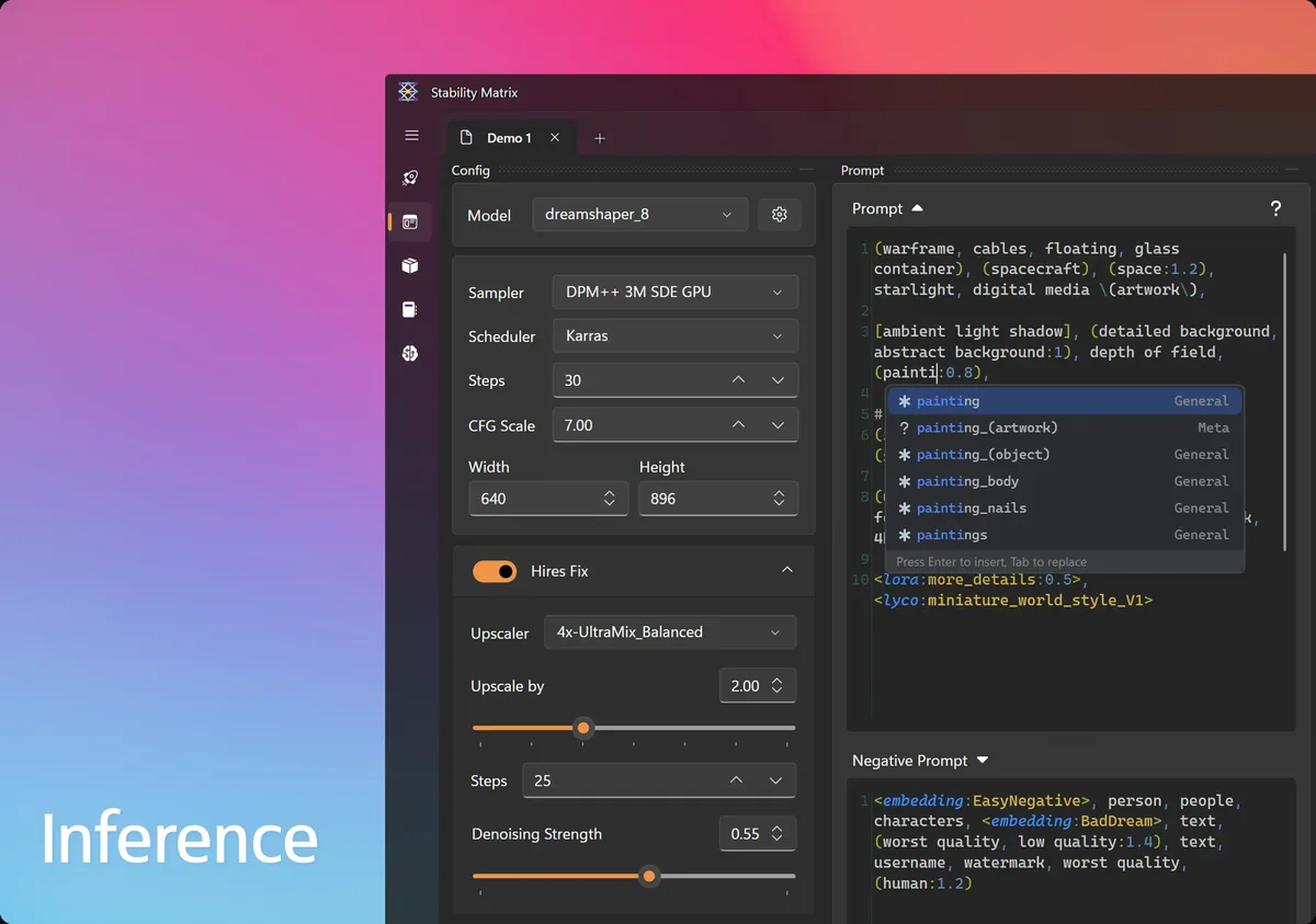 Built-in inference workspace for a local AI image generator with prompt and gallery panels.